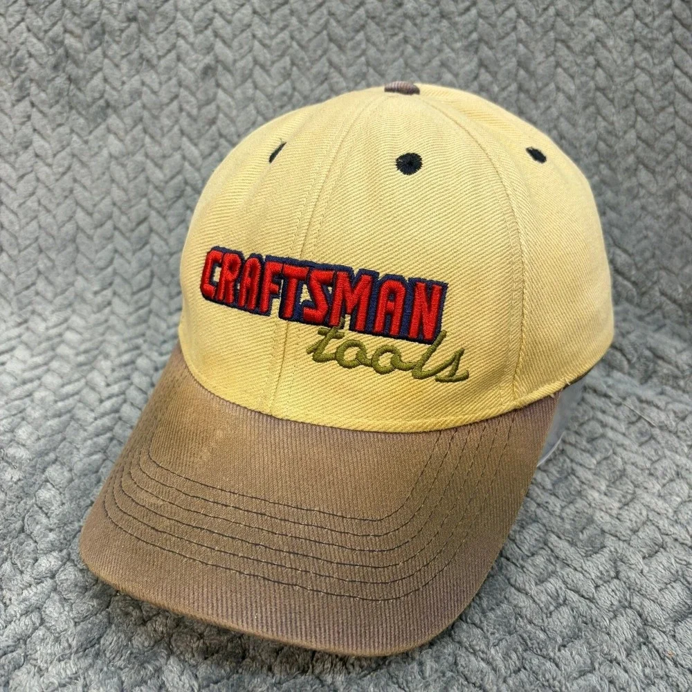 Vintage Craftsman Tools Hat Tan Brown Cotton USA Flag Strapback Cap